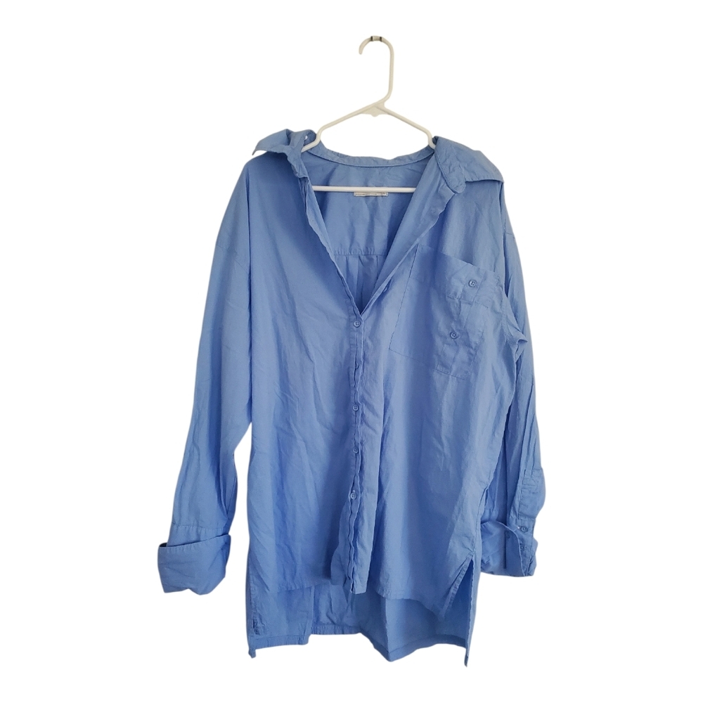 We The Free Light Blue Button-Up Loose Fit Striped Shirt, Size Large